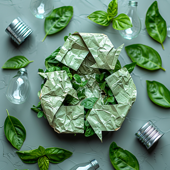 Recycling-Symbol aus zerknittertem Papier, umgeben von grünen Blättern und Glasflaschen auf grauem Hintergrund